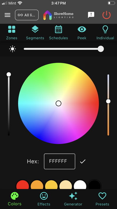 ShowHome app interface — color wheel, effects, and presets